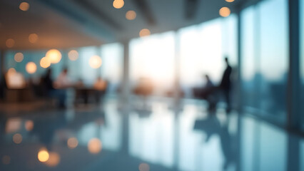 A softly blurred futuristic office background with glowing bokeh lights, high-key lighting, a clear glass partition, and minimalist decor. Perfect for a tech website.