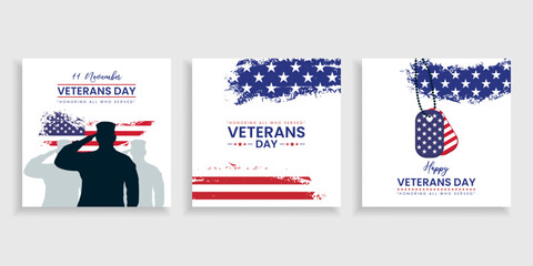 USA Veterans Day cards set with American flag honoring all who served. National holiday vector