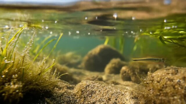 A split-level underwater view of a clear freshwater stream with a small fish, rocks, and aquatic plants.