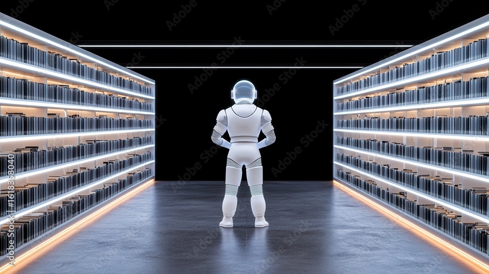 Poster a futuristic robot exploring a sleek library filled with books, showcasing advanced technology and k