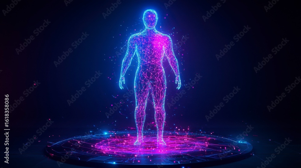 Poster futuristic humanoid figure composed of luminous digital particles standing in a glowing circular pla