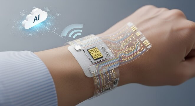 Person wears futuristic AI transparent circuit board smartwatch on wrist, connects to cloud network technology computing, technology, wearable, smartwatch, circuit, board, transparent, wrist, arm, dat