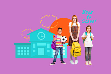 Full 3d art trend collage of three happy classmates girl boys wear uniform hold rucksack stand school building september season