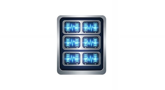 Futuristic Battery Array with Glowing Blue Waveforms on White Background