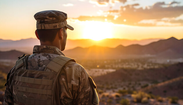 A soldier stands watch at sunset over a desert landscape, contemplating the vastness of the horizon. - Powered by Adobe