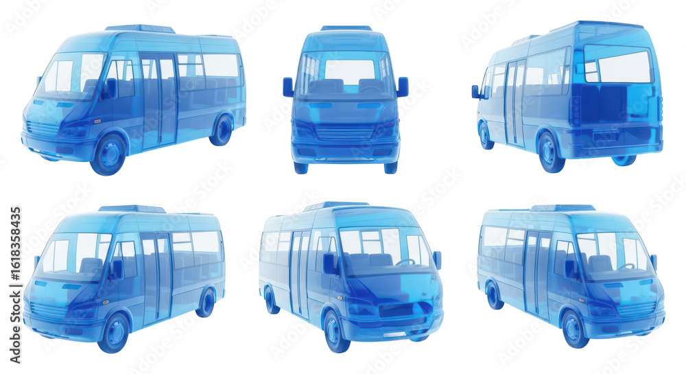 Poster 3d rendering of a transparent bus in multiple views on a white background representing transportatio