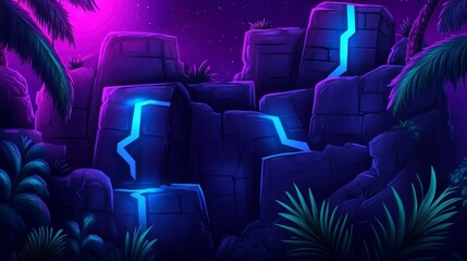 Obraz premium A vibrant and mystical landscape featuring glowing rocks in a tropical setting under a starlit sky