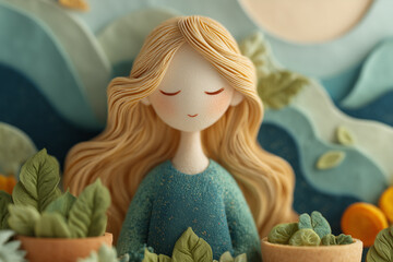 A charming clay art figurine of a serene girl with flowing blonde hair and a soft smile, surrounded by green plants and leaves. The handcrafted textures and pastel background create a dreamy, whimsica