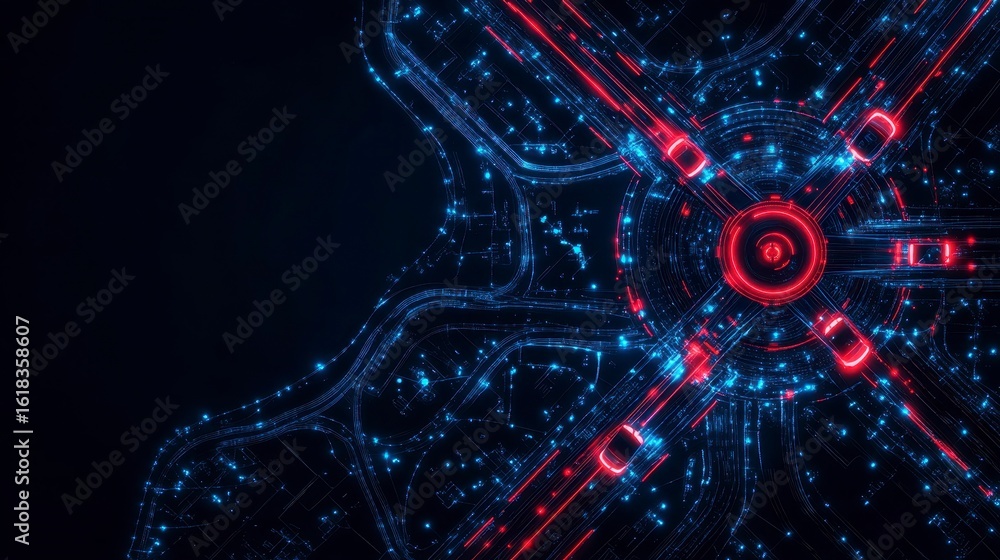 Poster futuristic aerial view of a vibrant urban network intertwined with luminous roads and intersections 