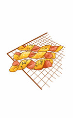 Delicious bacon cake with sesame sprinkles on the rack on white background 