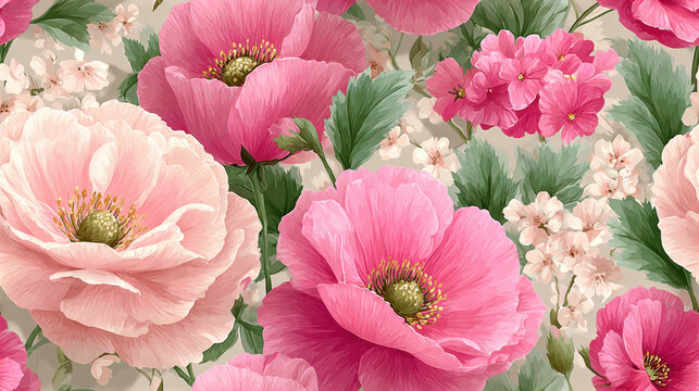 Fototapeta Seamless vintage flower, A pastel vintage floral wallpaper featuring cottagecore aesthetics, perfect for adding a charming touch to home decor or creative projects.
