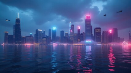 Fototapeta premium Neon City Skyline at Dusk with Water Reflection and Helicopters in the Sky