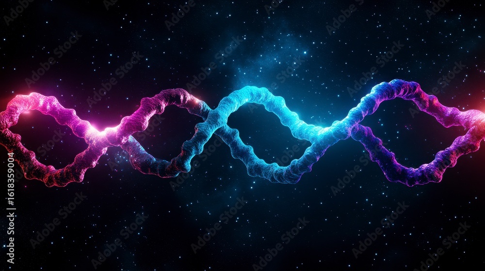 Poster a captivating and vibrant depiction of a dna double helix intertwining in a cosmic space, glowing wi