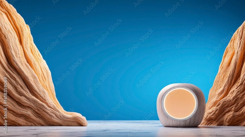 Poster minimalist design featuring a glowing circular lamp nestled between textured rock formations against