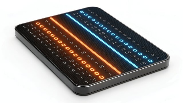 Futuristic Digital Device with Glowing Lines and Numerical Data.