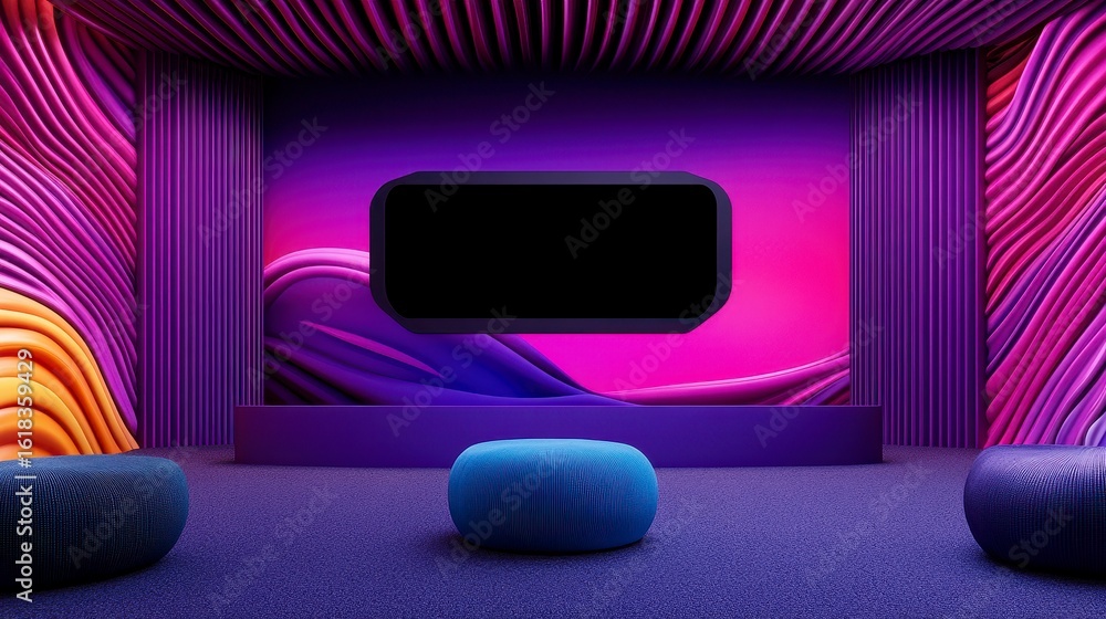 Poster futuristic immersive lounge with vibrant colors, a large screen, and curved architectural elements c