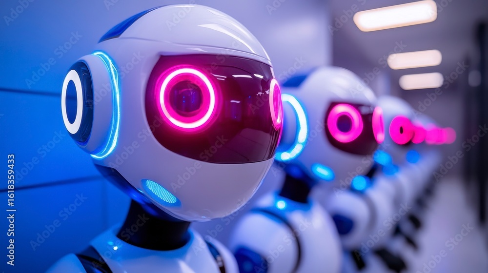 Poster a lineup of futuristic robots with glowing colorful eyes, showcasing advanced technology and innovat
