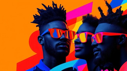 Stylish trio wearing vibrant sunglasses against a colorful abstract backdrop showcasing modern fashion and cultural expression.