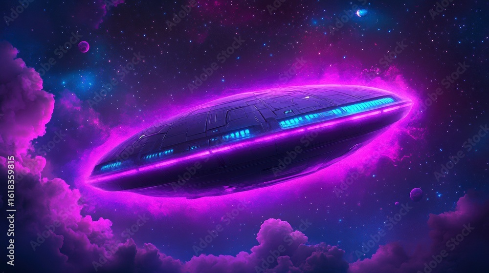 Poster a vibrant futuristic spaceship gliding through a colorful nebula filled with stars and distant plane