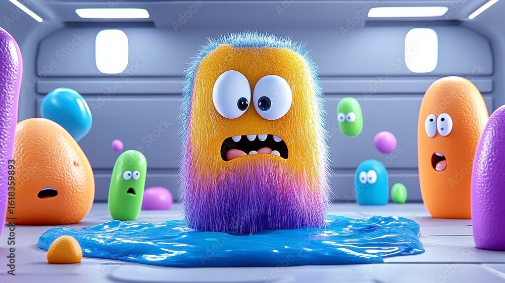 Poster a colorful monster character surprised and distressed in a vibrant animated scene with playful monst