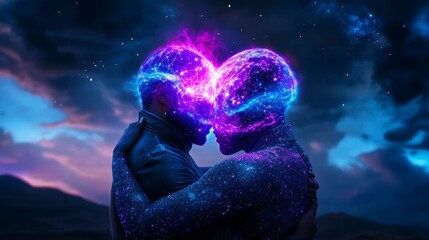 Obraz premium A cosmic embrace between two lovers with ethereal galaxy heads in a surreal night landscape, symbolizing connection and universal love