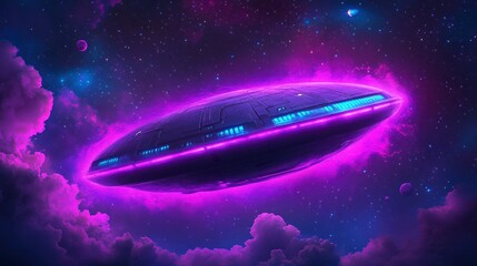 Obraz premium A vibrant futuristic spaceship gliding through a colorful nebula filled with stars and distant planets in outer space