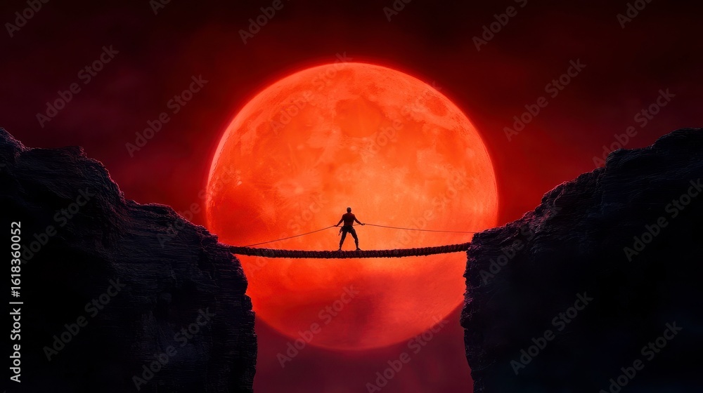Aufkleber a daring adventurer stands on a rope bridge between two rocky cliffs under the glow of a large red m