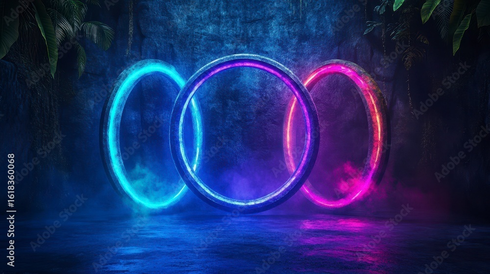 Poster a captivating display of luminous rings in a mystical setting with vibrant colors and atmospheric ef