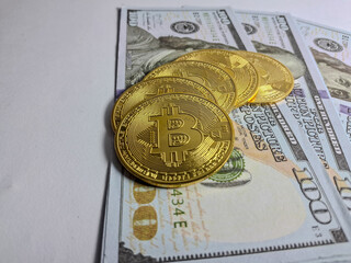 Gold bitcoins and banknotes on white background. Business concept.