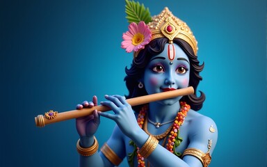 Krishna playing the flute, blue background, Generative AI 1. High quality
