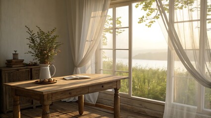 Fototapeta premium Serene interior scene: Wooden desk with a book near a window overlooking a peaceful green landscape.