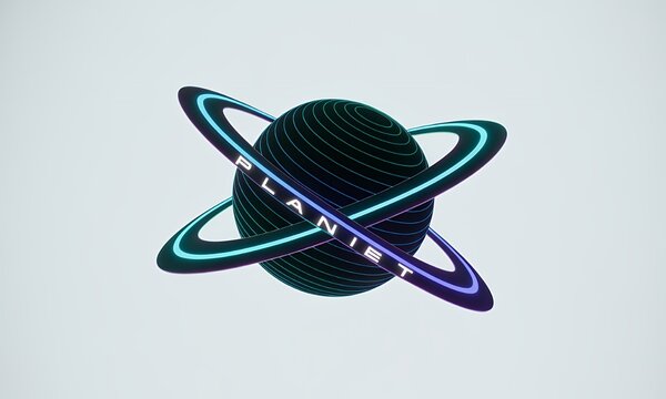 Futuristic Planet Logo with Neon Rings and Text on White Background