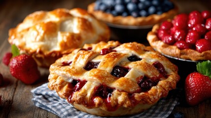 An enticing display of baked berry pies, including blueberries and raspberries, beautifully crafted with a golden crust, resting on a rustic wooden table for a charming, artisanal look.