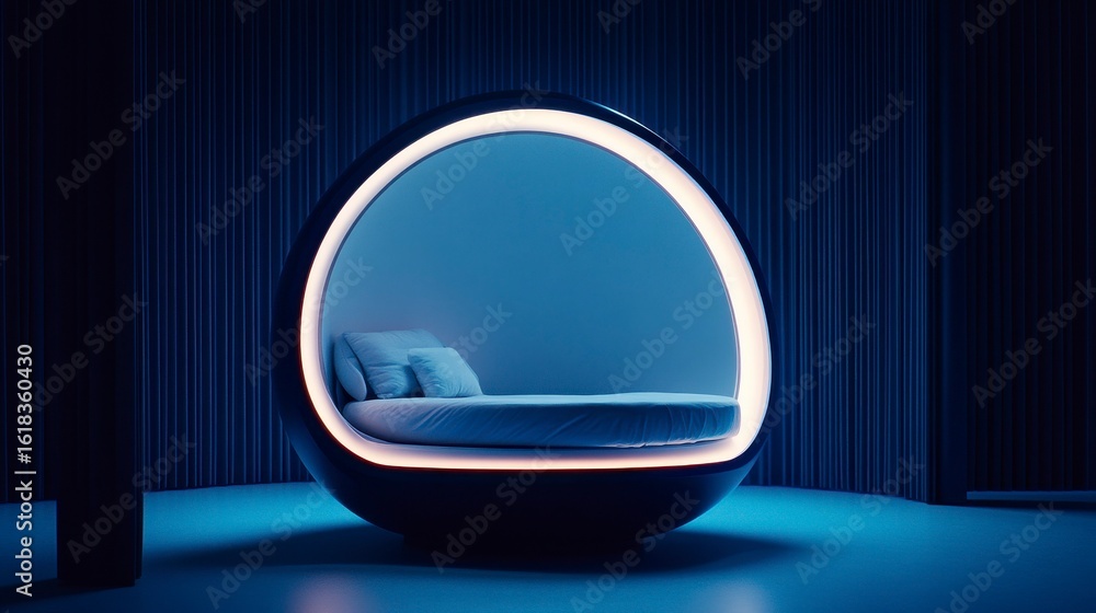 Poster futuristic sleeping pod in a dimly lit modern room with ambient lighting creating a serene atmospher