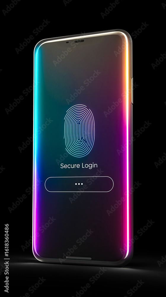 Poster secure login screen with fingerprint option. dark. neon