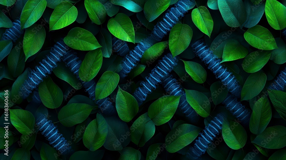 Poster vibrant green leaves entwined with molecular structures, creating a striking and harmonious visual b
