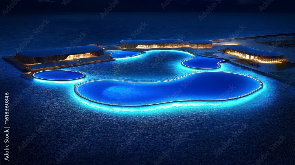 Poster aerial view of an elegant resort with illuminated pools showcasing modern architecture at night