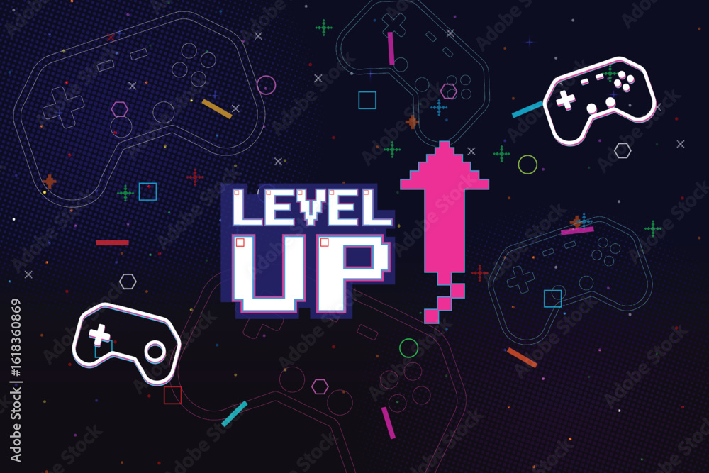 Poster level up icon pixel art. 8 bit game. retro game. retro futurism sci-fi background. glowing neon grid