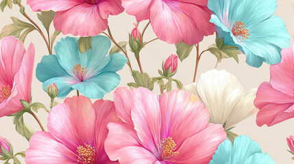 Seamless vintage flower, Pastel vintage floral overlay on linen texture, perfect for adding a soft, elegant touch to designs, textiles, or backgrounds in creative projects.