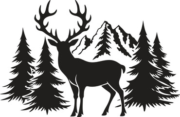Stunning deer and landscape silhouette with trees and mountain, wild nature scene vector, forest animal illustration, wilderness outdoor design, peaceful wildlife and adventure concept