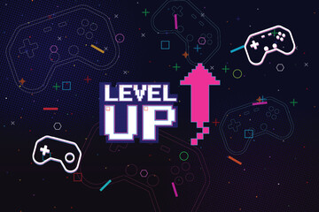 LEVEL UP icon pixel art. 8 bit game. retro game. Retro Futurism Sci-Fi Background. glowing neon grid. and stars from vintage arcade computer games
