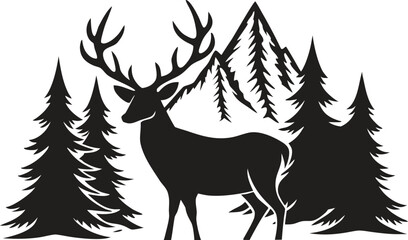 Stunning deer and landscape silhouette with trees and mountain, wild nature scene vector, forest animal illustration, wilderness outdoor design, peaceful wildlife and adventure concept