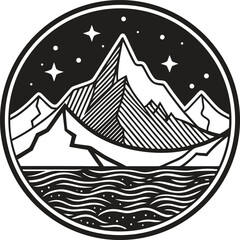 Mountain circle badge silhouette, outdoor adventure emblem vector, minimal nature scene with trees and mountain range, black flat hiking logo design, wild landscape badge illustration