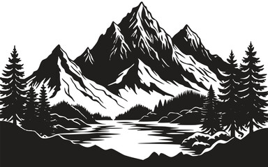 Mountain landscape silhouette with trees and mountain range, wild nature scene vector, outdoor adventure design, pine forest horizon, hiking and camping background illustration