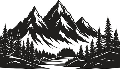 Mountain landscape silhouette with trees and mountain range, wild nature scene vector, outdoor adventure design, pine forest horizon, hiking and camping background illustration