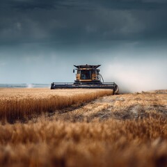 Fototapeta premium Harvesting time: A combine harvester working in a golden wheat field under stormy skies