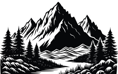 Mountain landscape silhouette with trees and mountain range, wild nature scene vector, outdoor adventure design, pine forest horizon, hiking and camping background illustration