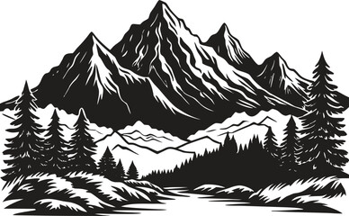Mountain landscape silhouette with trees and mountain range, wild nature scene vector, outdoor adventure design, pine forest horizon, hiking and camping background illustration
