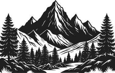 Mountain landscape silhouette with trees and mountain range, wild nature scene vector, outdoor adventure design, pine forest horizon, hiking and camping background illustration