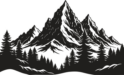 Mountain landscape silhouette with trees and mountain range, wild nature scene vector, outdoor adventure design, pine forest horizon, hiking and camping background illustration